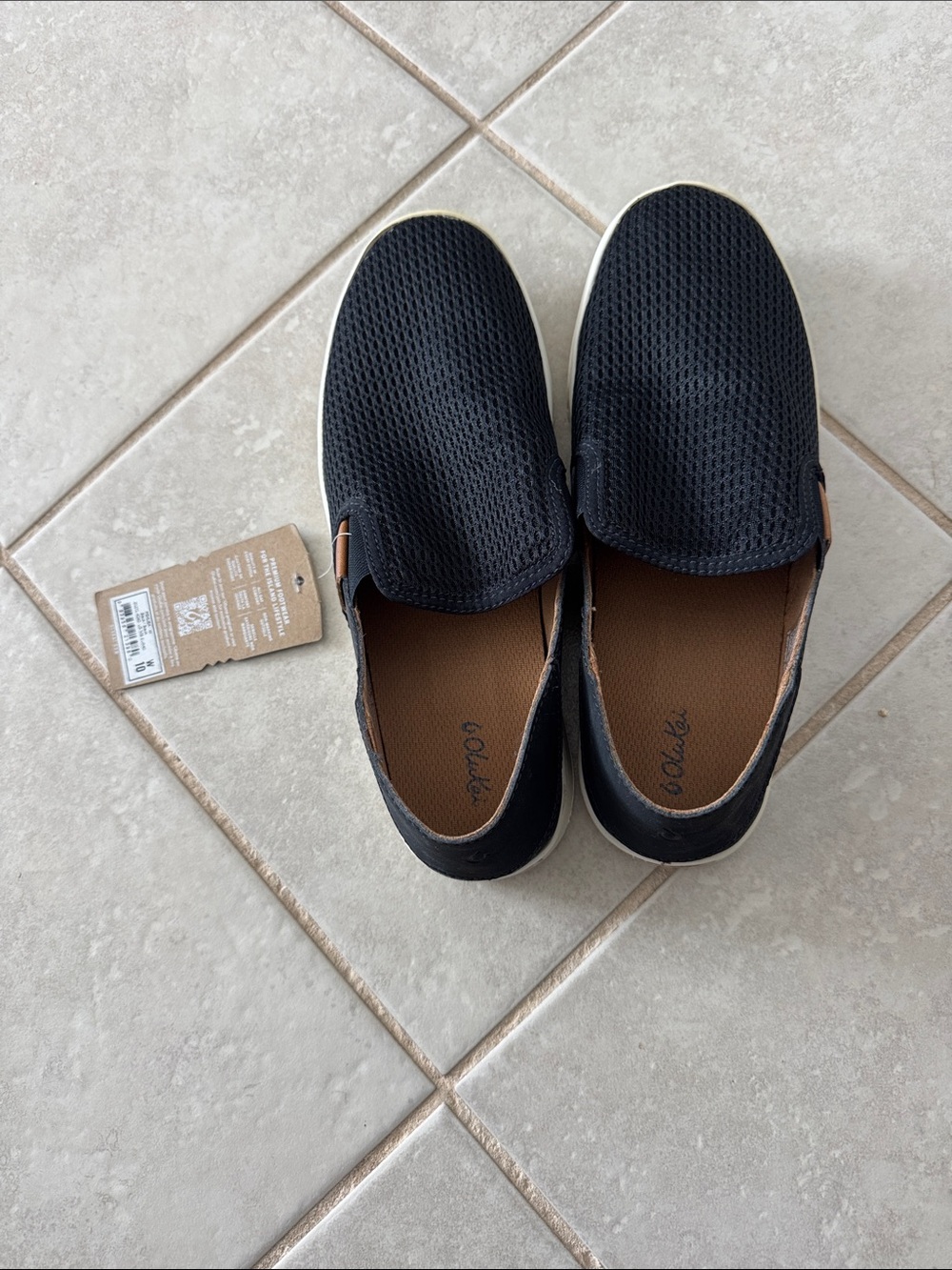 OluKai Black Mesh Slip-On Loafers with Brown Interior